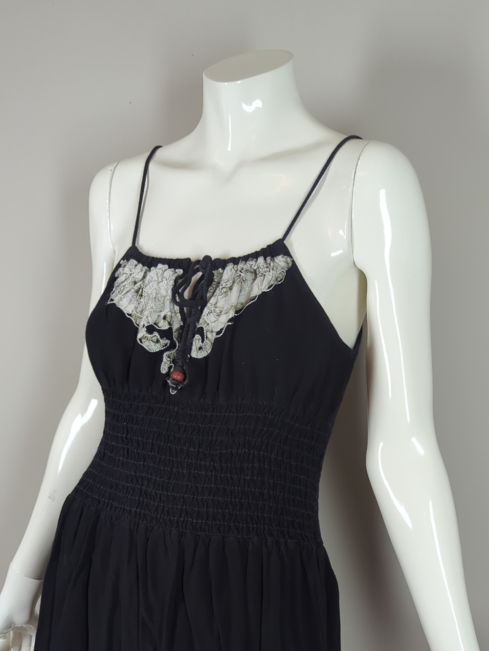 Vintage Mayur Black Embroidered Spaghetti-Strap Dress with Cream Accents - Picture 3 of 7